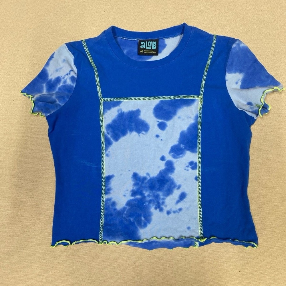 A-Lab Zumiez Women Blue Tie Dye Crop Top Lettuce Hem Green Stitching Medium